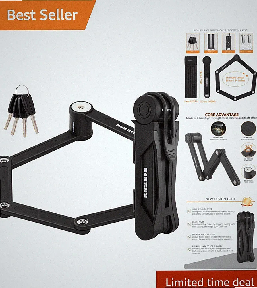 Multi-Purpose Folding Bike Lock - 34" Heavy-Duty Security with 4 Keys Included